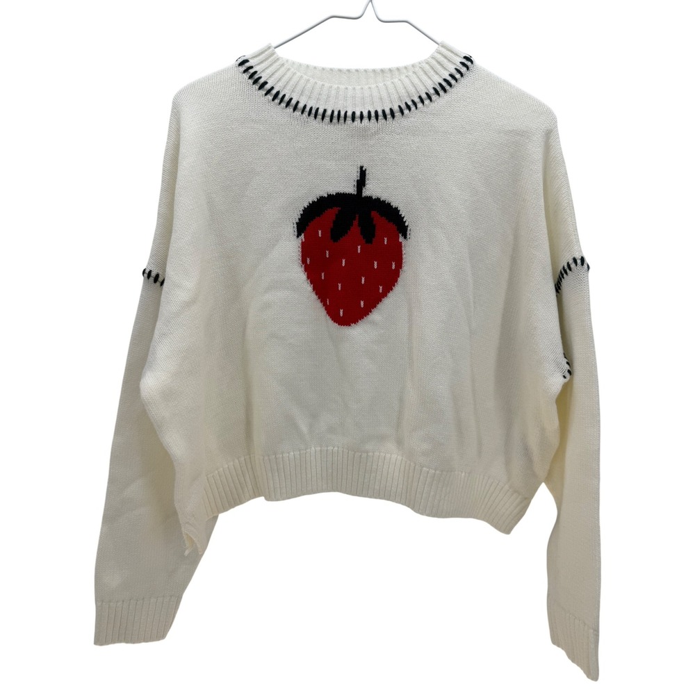 Jessica Simpson Strawberry Knit Sweater Cream Black Red Long Sleeve Size S